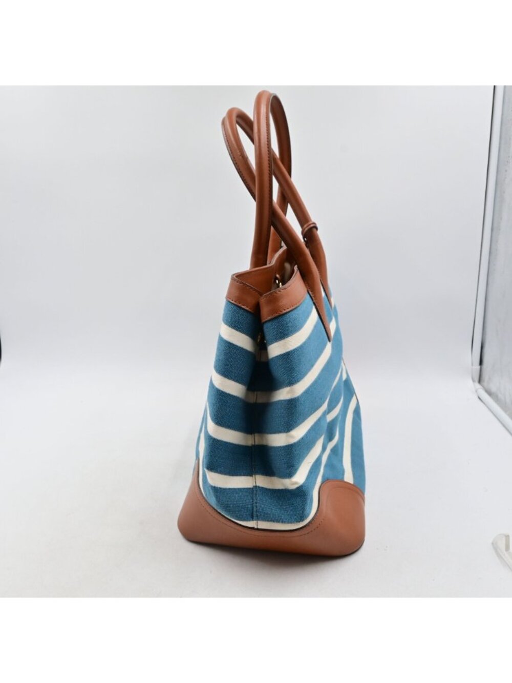Lauren Ralph Lauren Fairfield City Striped Canvas Tote Bag Tan Leather Trim - Picture 4 of 16